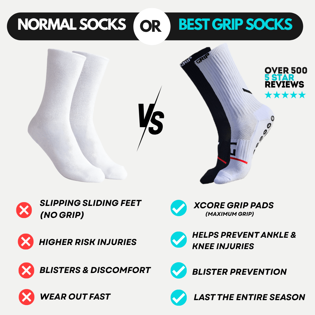 Comparison chart of normal socks vs best grip socks with features highlighted.
