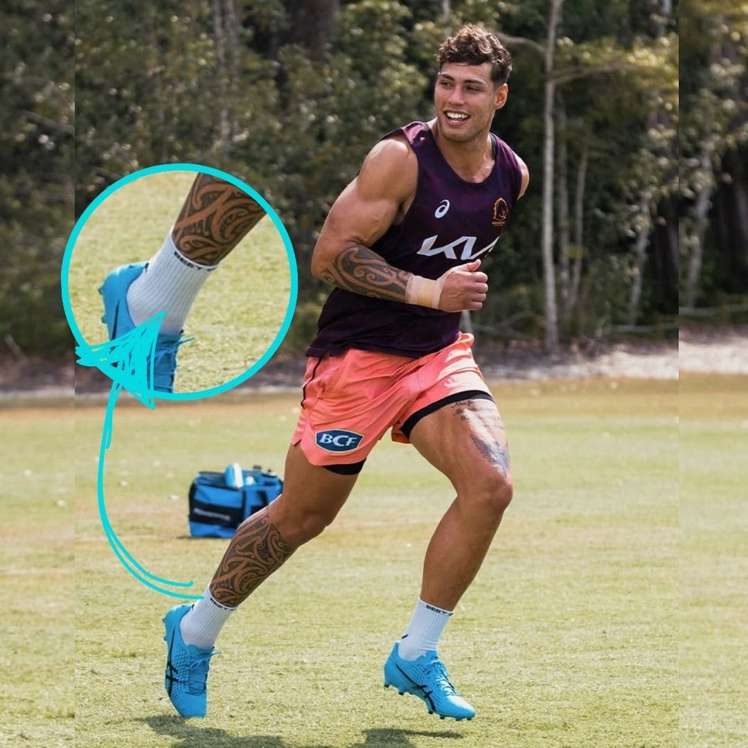 White Best Grip performance grip socks worn by a professional rugby league player Jordan Riki during field training