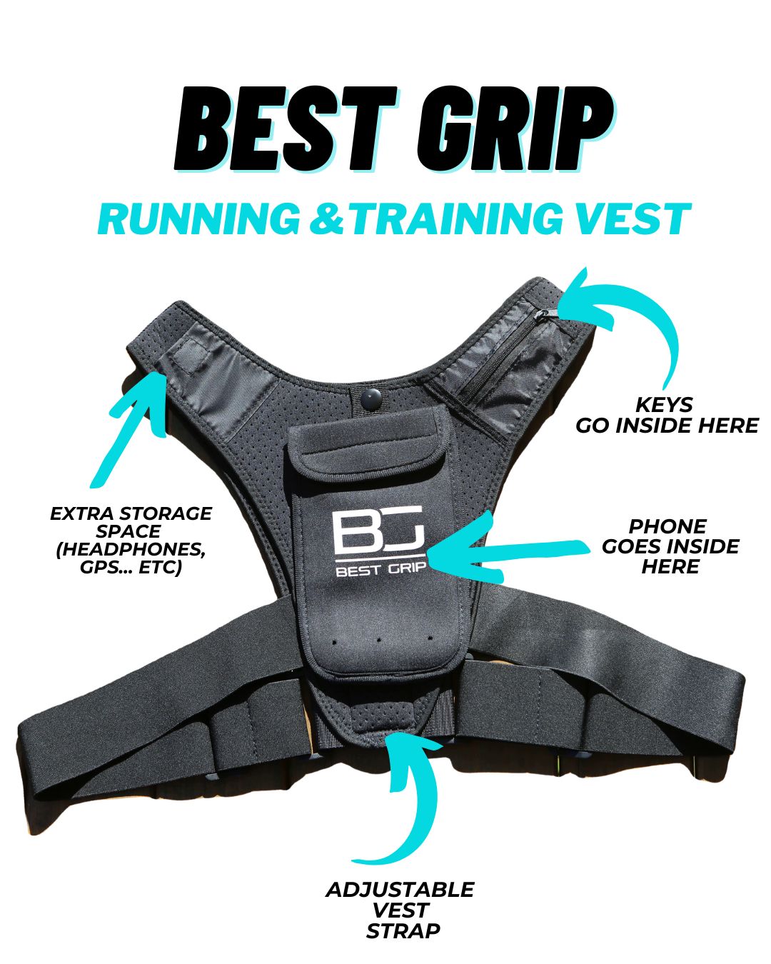 Black running and training vest with a front pouch labeled 'BEST GRIP' and multiple turquoise callout arrows pointing to features such as extra storage space, phone storage, and adjustable straps, on a white background.