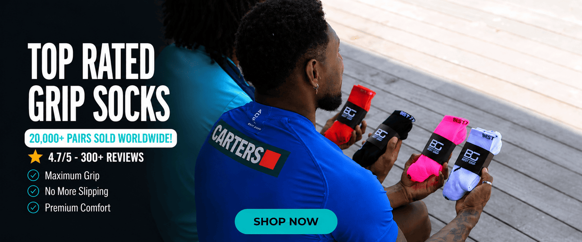 Best Grip performance grip socks in red, black, pink and white, held by two athletes wearing blue sports jerseys. Designed for football, soccer, rugby, netball, HYROX, gym training, all sports and casual everyday use. The banner reads ‘Top Rated Grip Socks’ and highlights 20,000+ pairs sold worldwide, 300+ reviews, maximum grip, no more slipping and premium comfort, with a Shop Now button below.