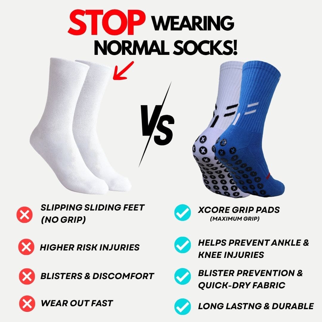 Comparison chart of normal socks and best grip socks with visual and text differences.