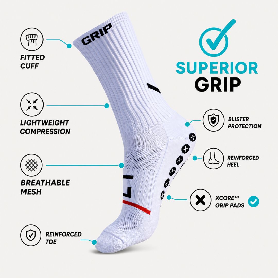White athletic sock with black and red accents, shown on a light gray background with feature callouts and the text 'SUPERIOR GRIP'.