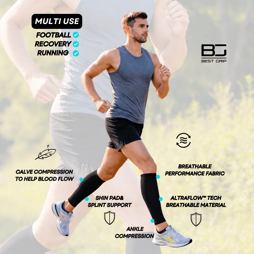 Person running with compression sleeves on legs, featuring product benefits and Best Grip branding.