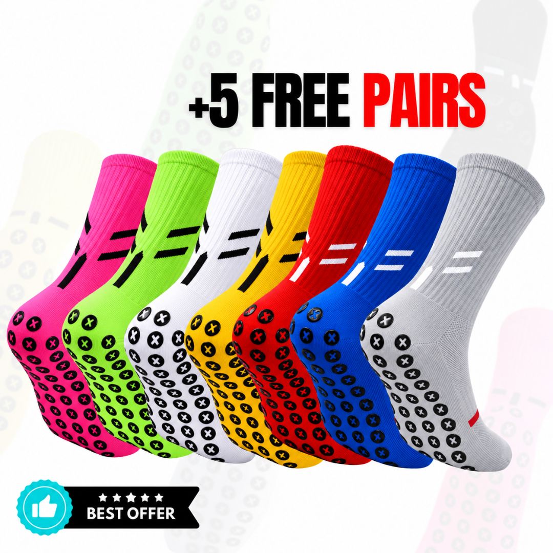 Top-rated in New Zealand, and Australia Best Grip Performance Grip Socks in pink, neon green, white, yellow, red, royal blue and grey, featuring sweat-wicking, quick-drying fabric, supportive compression and XCORE Grip™ pads for a secure, grippy fit, displayed with a 5 free pairs offer. Buy 10 get 5 Free + Free Shipping
