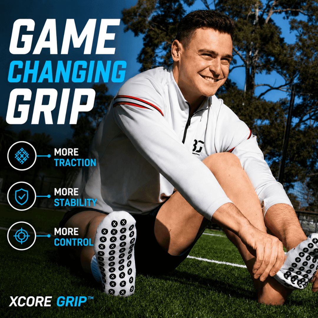 Professional athlete wearing Best Grip performance grip socks with advanced non-slip silicone grip pads that help minimise foot slippage inside boots, increase traction, improve stability and control, and keep feet comfortable during training and competition. Premium grip socks trusted by athletes throughout New Zealand and Australia.