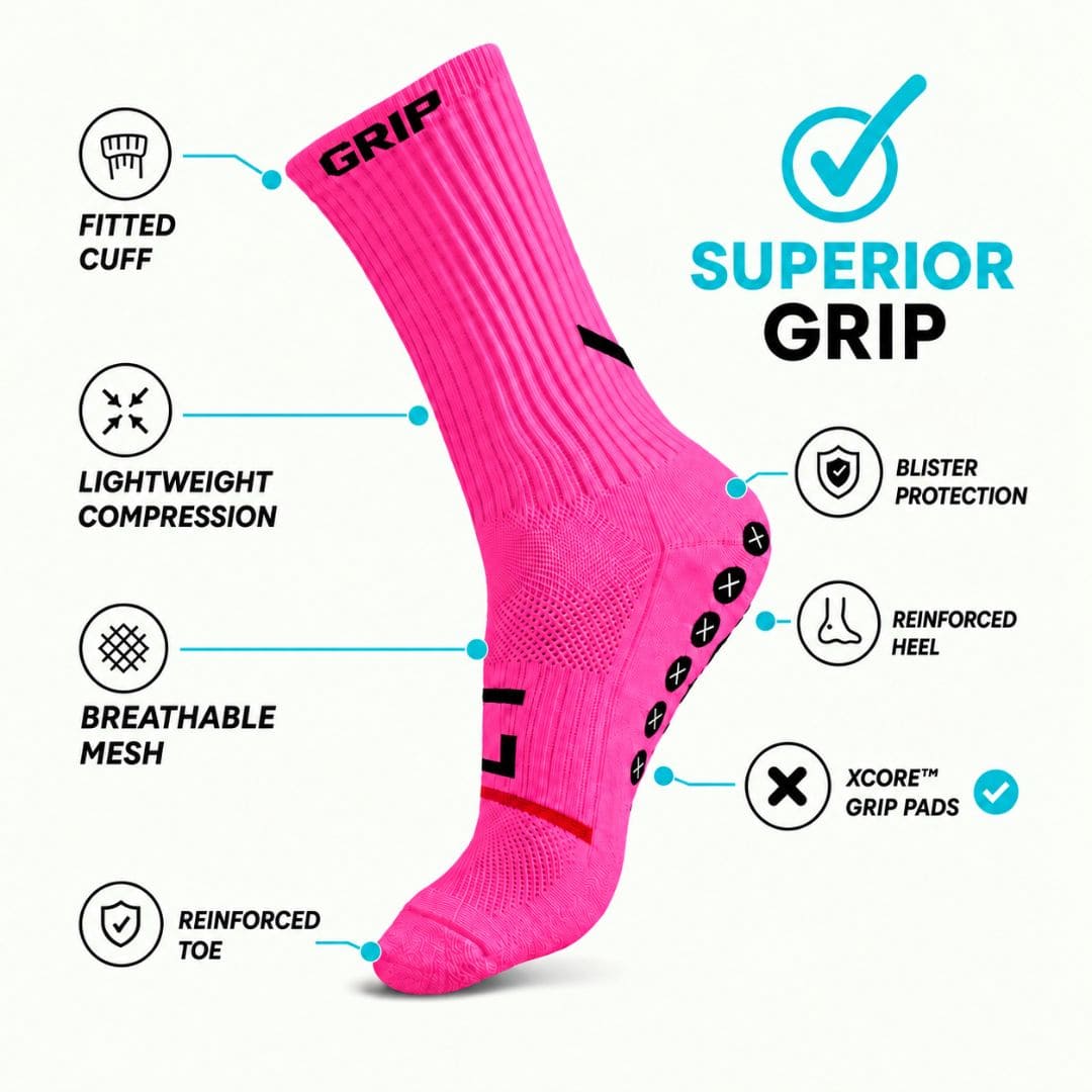 Bright pink Best Grip performance grip sock highlighting superior non-slip grip, fitted cuff, lightweight compression, breathable mesh, blister protection, reinforced heel and toe, and XCORE™ grip pads for football, rugby, netball, Pilates and all sports in New Zealand.