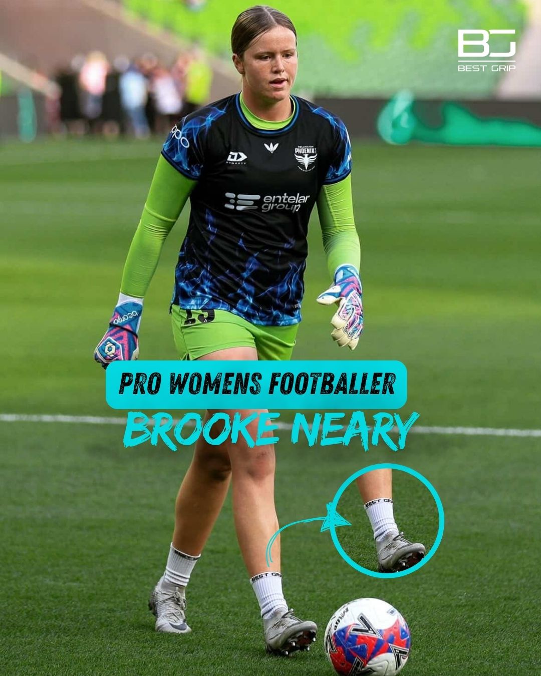 Pro women's footballer Brooke Neary on a soccer field with branding elements.
