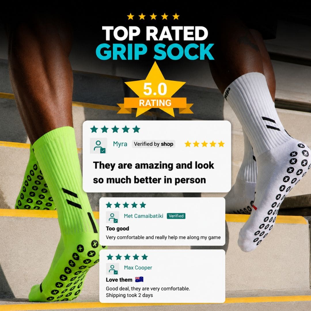 Top-rated Best Grip crew grip socks featuring premium anti-slip silicone grip technology and verified five-star customer reviews. White and neon green performance grip socks designed to improve traction, stability, comfort and control while reducing foot movement during training, matches and everyday wear.