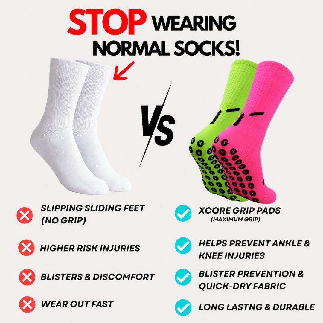 Promotional comparison graphic for grip socks. The left side shows a pair of plain white socks with red X marks and text listing drawbacks like slipping feet and higher injury risk.