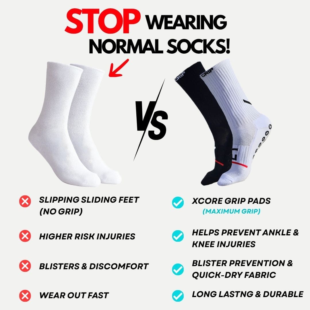 Promotional graphic comparing normal socks with athletic grip socks. The left side shows a pair of plain white socks with red X marks and text listing drawbacks like slipping feet and higher injury risk.